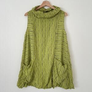 LIV by Habitat Lime Striped Mock Neck Lagenlook Top Sz S Artsy Pocket Minimal